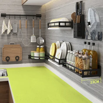 

Kitchen Dish Rack Drainer Cutting Board Knives Seasoning Storage Over Sink Free Punching Wall hanging Black Stainless Steel 1 2