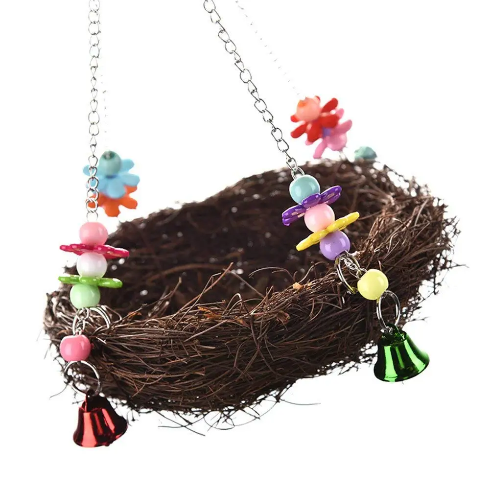 Tfwadmx 2 Pack Bird Breeding Nest Natural Rattan Bird Hammock Swing Toy with Bells for Cockatoo Budgie Parakeet Finch Conure Lovebird Cockatiel(1Bird Nest 1Coconut Fiber