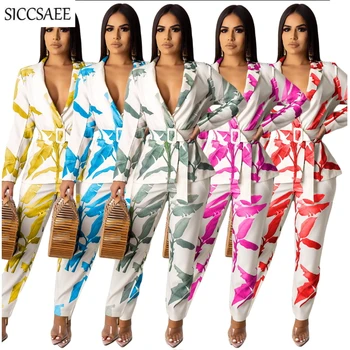 

Leaves Printed Matching Sets Work Wear Blazer And Pants Two Piece Set Women Office Lady Outfits Clothing Sweat Suit Autumn 2019
