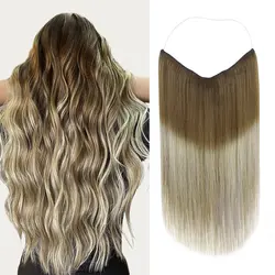 POPUKAR Halo Extensions Real Human Hair 16 Inch with Transparent Miracle Wire, 100 Gram Dark Brown Root Fading