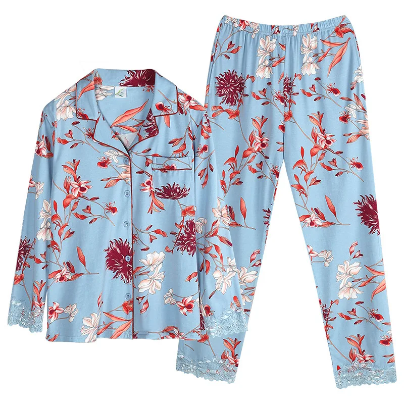 

Floral Printed Pajamas Women's Spring and Autumn Modal Long-Sleeved Casual Style Loose and Plus-sized Pajama Pants Suit for Home