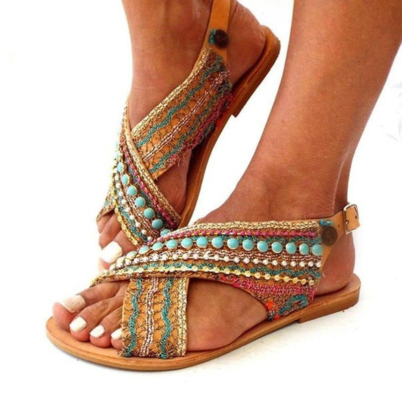 Летние сандалии Для женщин летние туфли на плоской подошве; в стиле знаменитостей в богемном стиле ручной работы из бисера Стразы Для женщин ботинки размера плюс