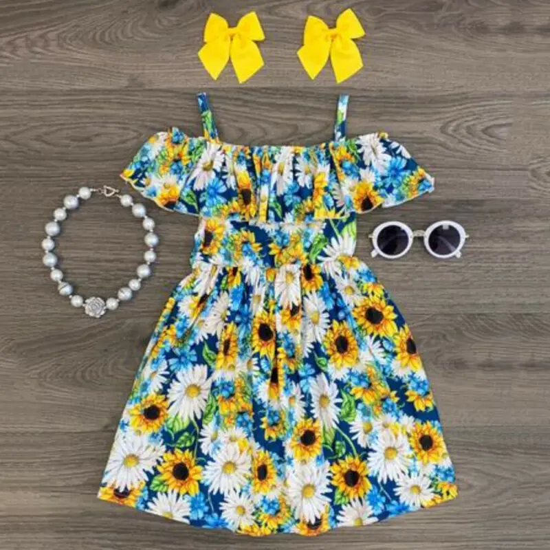 

2019 New Sunflower Dress Toddler Kids Baby Girls Summer Beach Dress Princess Party Wedding Tutu A Line Dress
