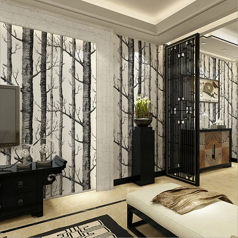 pintado de abedul blanco y negro, rollo de diseño moderno, bosque rústico nacarado, dormitorio, sala de estar, papel pared para el hogar, 10 de pared - AliExpress