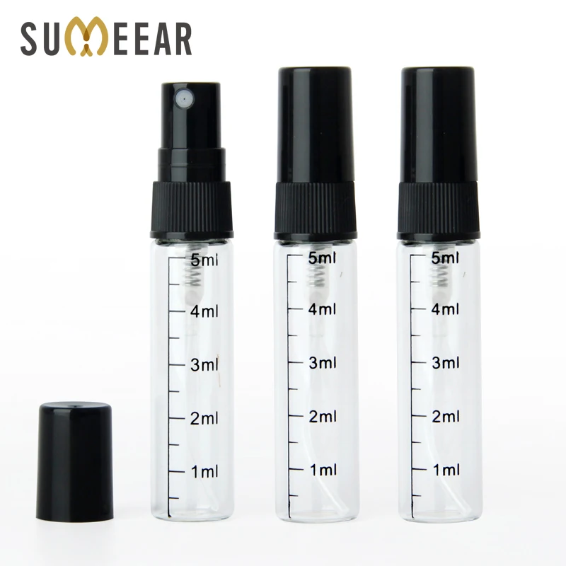 

100 pieces/lot 5ml glass bottle empty perfume bottles Spray Atomizer Portable Travel Cosmetic Container Scale Bottles