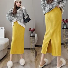 

Winter Thick Knitted Midi Skirt Split Fork Package Hip Elastic Waist Straight Skirts Womens 2021 Screw Thread Elegant Jupe Femme