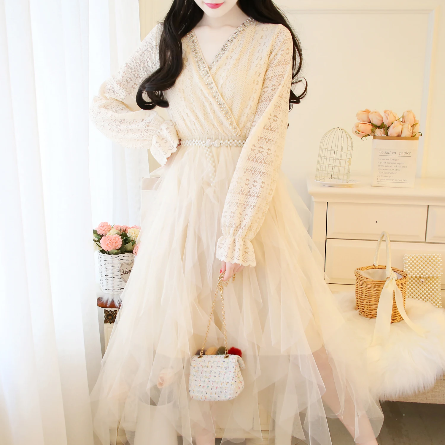 

YAMDI runway dress 2020 v neck lace up hollow out elegant party cub coctail evening night long sleeve summer dress robe femme
