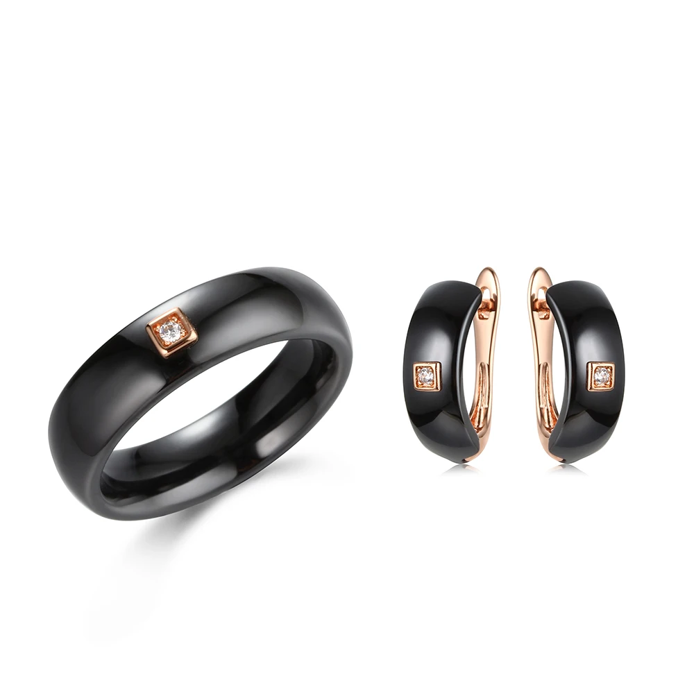 Fashion Elegant Cute Black White Ceramic Water Jewelry Set Ring Earrings Rose Gold Color For Women Wedding Party Prom | Украшения и