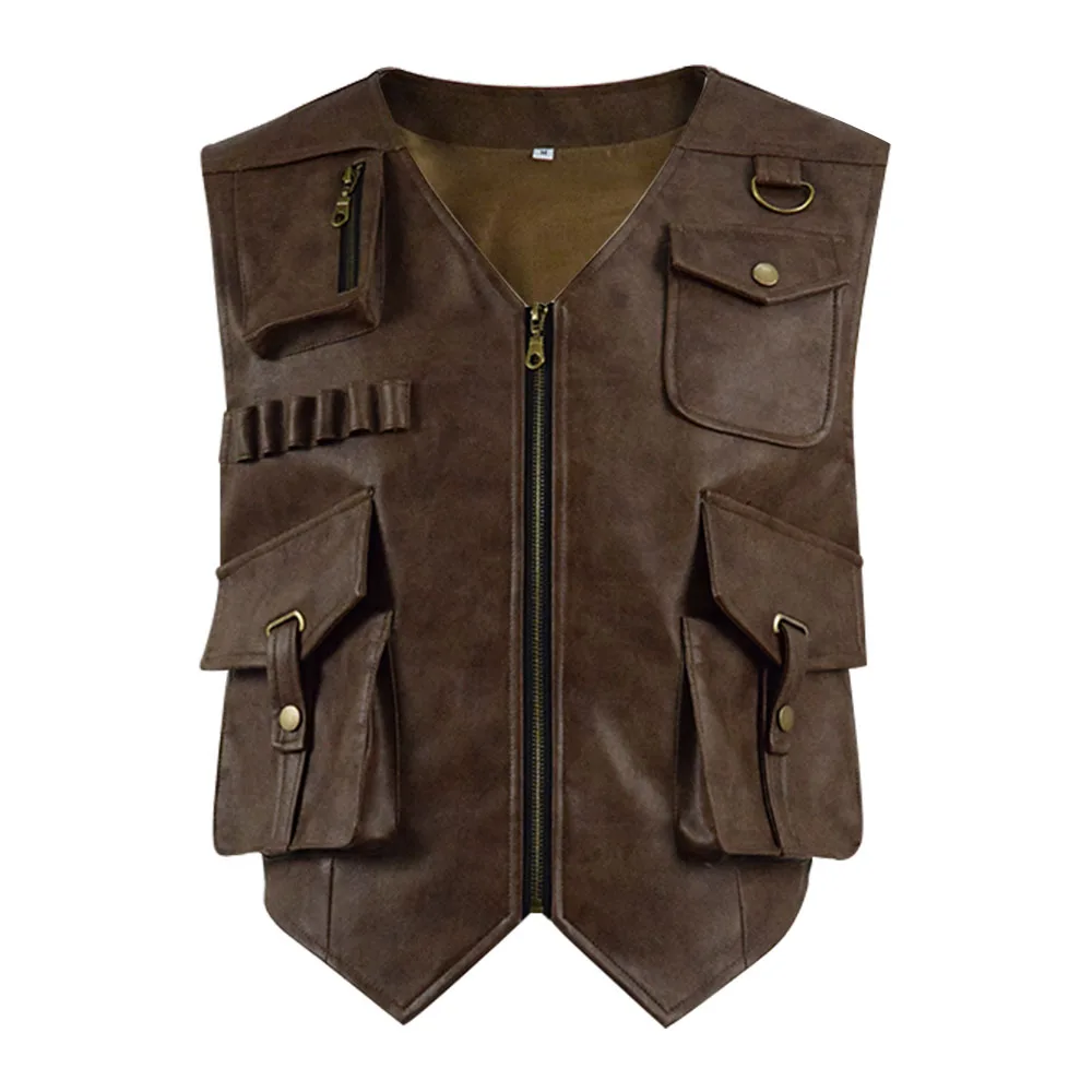 

Cossky Owen Grady Cosplay Costume PU Hunter Vest Men Jurassic PU Jacket for Halloween