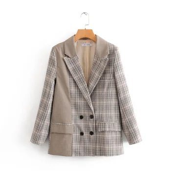 

VomVoa 2020 spring new retro British style color matching lattice double-breasted commuter OL suit 27391