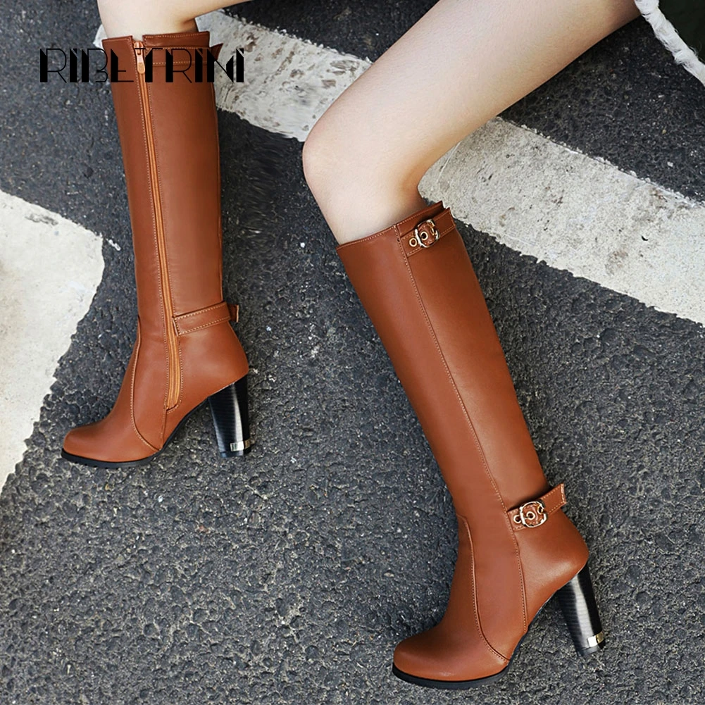 

RIBETRINI 2019 New Women Knee Boots Retro High Heel Shoes Woman Round Toe Platform Motorcycle Boots Big Size 34-43