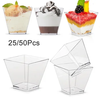 

25/50pcs Disposable Plastic Cups Transparent Trapezoidal Food Container Appetizers Serving Cups For Jelly Yogurt Mousses 60ml