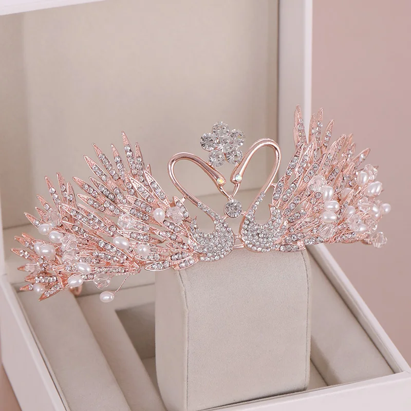 Имитация жемчуга кристалл диадема для королевы принцесса тарелка с изображением лебедей короны с серьги женские свадебные аксессуары для волос; Свадебные украшения
