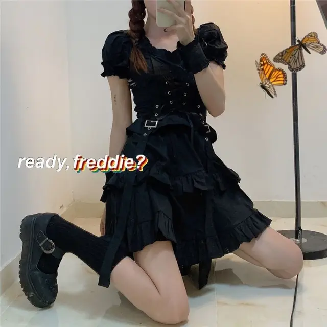 QWEEK Women's Gothic Lolita Dress Gothic Punk Mall Goth Kawaii Cute Ruffle Bandage Black Mini Dress 2021 Emo Clothes Summer 2