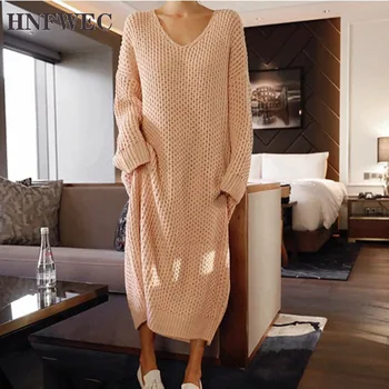 

Apricot V-neck Long-sleeved Openwork Knit Pullover Plus Woman Dress Casual Simple Fashion 2019 Autumn Winter New S564