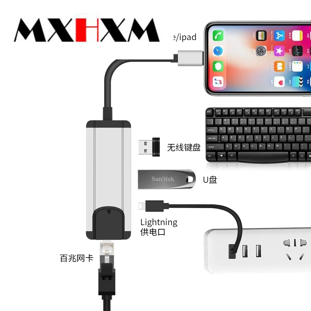 Для Lightning/RJ45+ USB3.0 2 порта HUB+ PD зарядка 100M Передача для Apple iphone ipad