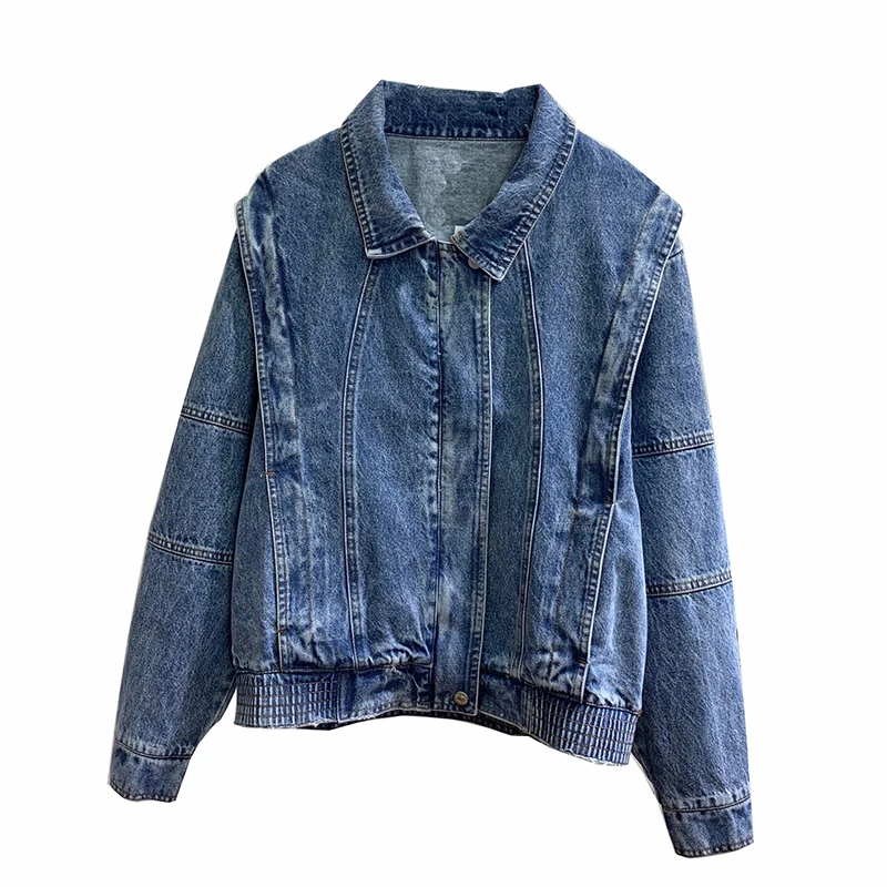 

Women basical jeans jacket coat Bleach long Sleeves turn down collar zipper Women Denim Jacket