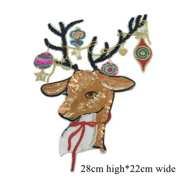 Christmas Patches Iron on Elk Gold Deer Sequin Applique Animel Embroidery Cloth Stickers Badges for T-shirt Clothes Sewing Patch 6