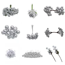 Инкрустированный Серебряный искусственный цветок, фрукты, вишня, тычинки, ягоды, набор, сделай сам, день рождения, Рождество, свадебный торт, Подарочная коробка, венок, украшение