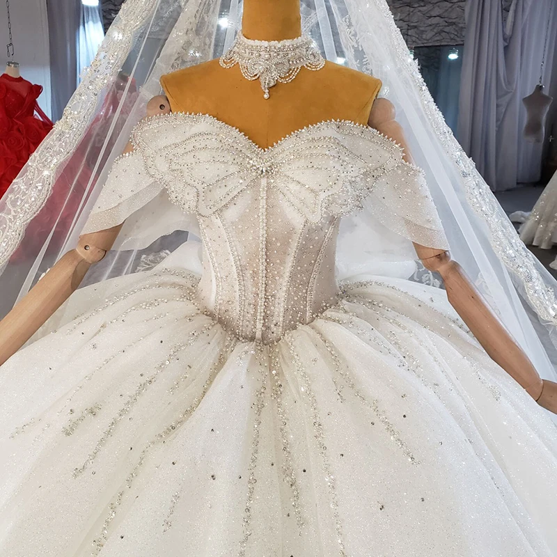 HTL2286 Shiny Luxury Boat Neck Wedding Gown Lace Bow Pearls Crystal Wedding Dresses 2021 New свадебное платье больших размеров 5