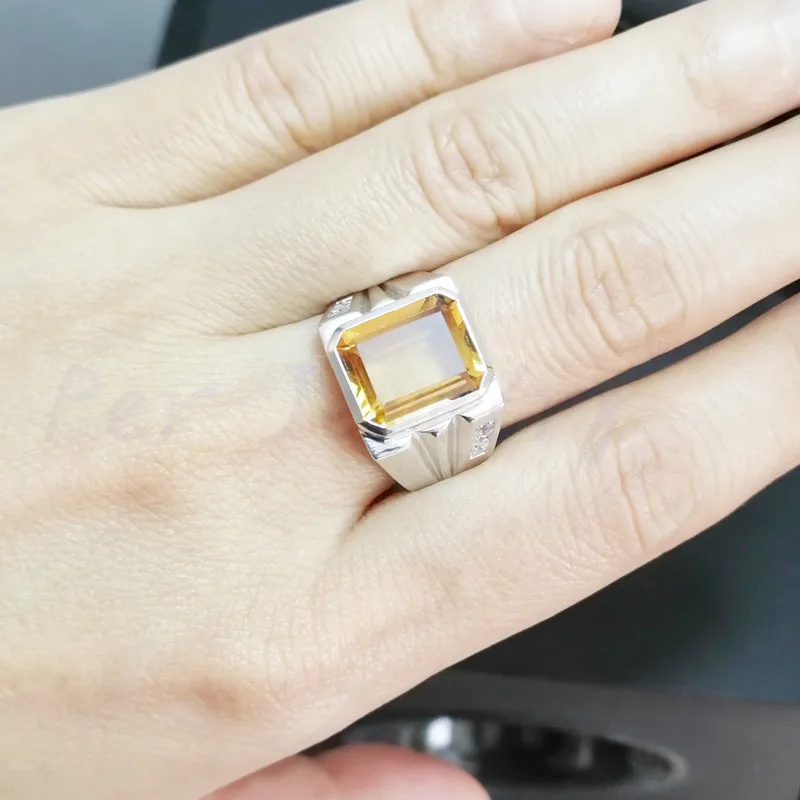 Мужские кольца с натуральным настоящим цитрином, кольцо с желтым кристаллом,, кольцо из стерлингового серебра 925 пробы, Установочное кольцо, 5.6ct драгоценный камень# C981905