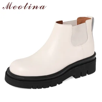 

Meotina Chelsea Boots Women Shoes Real Leather Platform High Heel Ankle Boots Thick Heels Short Boots Ladies Autumn Winter Beige