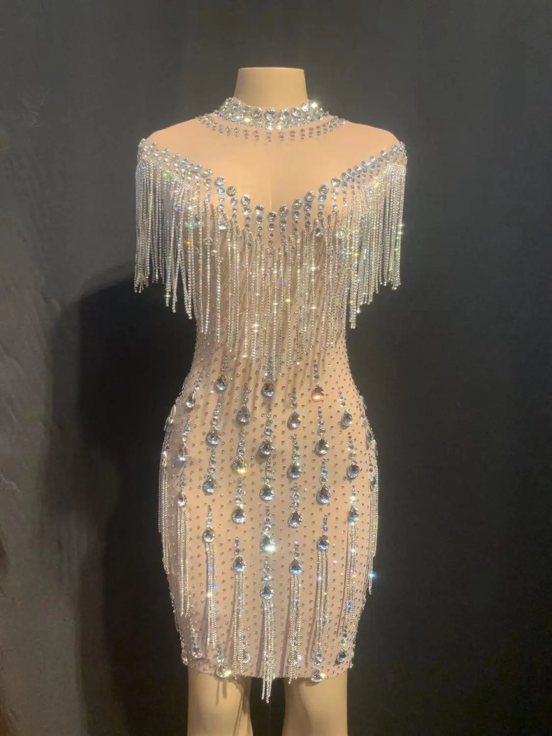 Dress Женское прозрачное Сетчатое платье с блестящими кристаллами и бахромой, женское платье с камнями для празднования дня рождения, платье для бара, ночного клуба, женское платье для танцев - Цвет: Dress