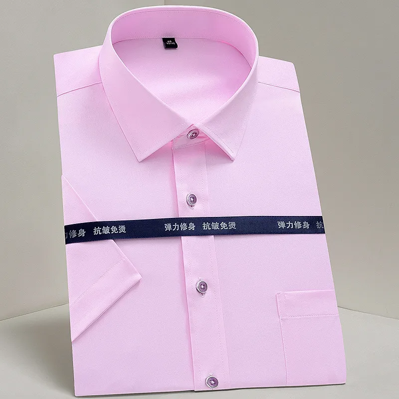 Pink( Мужские повседневные тонкие рубашки с коротким рукавом в Корейском стиле, с вышивкой на воротнике, Простые Летние Стрейчевые пуговицы, против морщин, мужская одежда - Цвет: Pink(