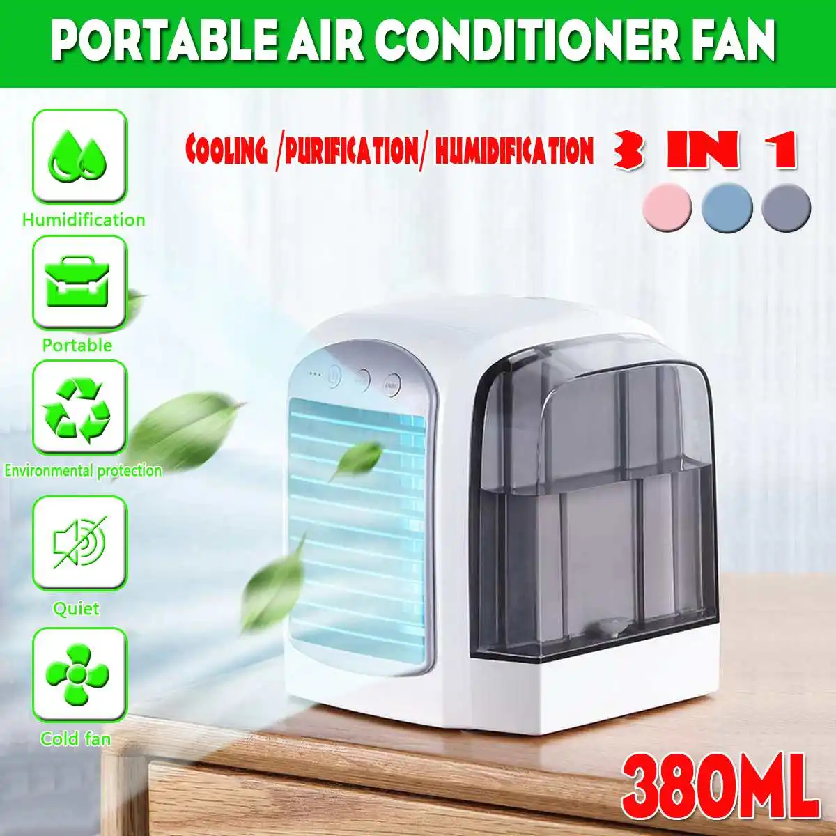 

WARMTOO Mini Air Cooler Portable Conditioner Fan Indoor Humidifier Removable Water Tank Washable Strainer 3 Levels Adjustable