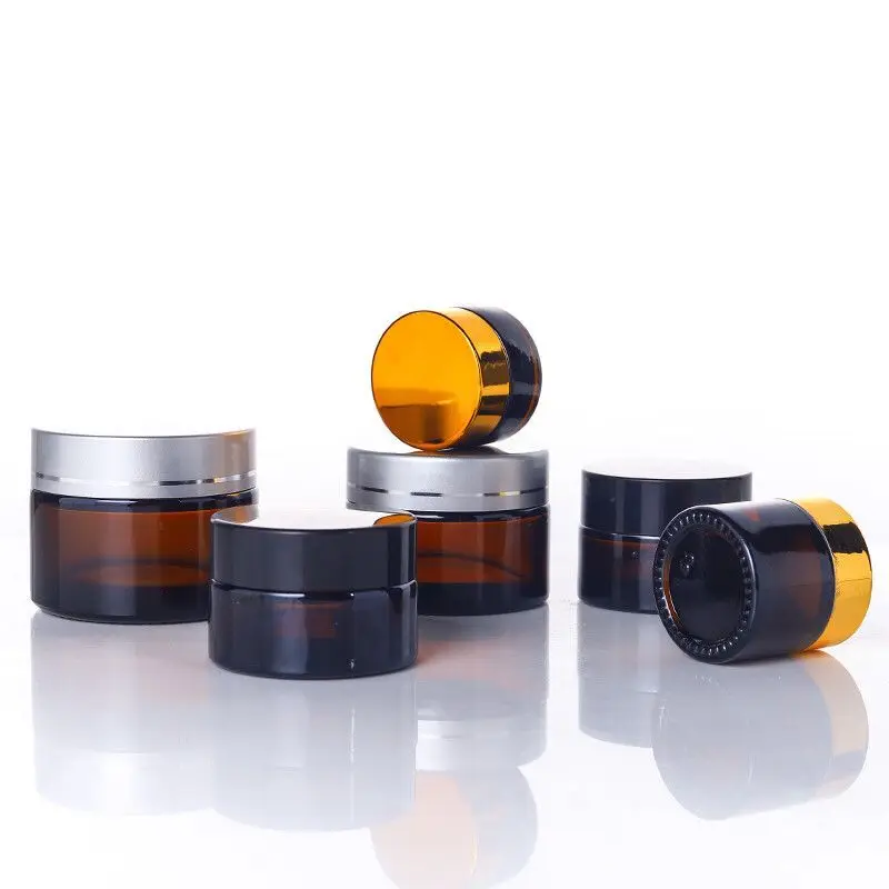 

360 x 5g 10g 20g 30g 50g Amber Glass Cream Jar PortableEyecream Jars Pot With Gold Silver Black Cap Makeup Cosmetic Containerr