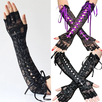 

Satin Ribbon Ties Up Long Mesh Gloves Punk Style Women Gloves Elbow Length Sexy Lace Ribbon Rivet Half-Finger Gloves 1 Pair