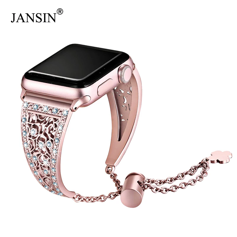 Najtaniej JANSIN kobiety pierścionek z diamencikami dla Apple obserwować serii 5 4 3 2 bransoletka ze stali nierdzewnej pasek do iwatch 38mm 42mm 40mm 44mm nadgarstek