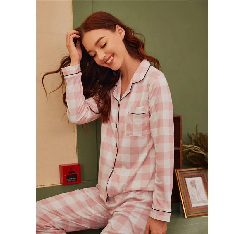 Dotfashion, розовый, в клетку, с принтом, пижамный комплект, для женщин, осень, контрастная вязка, длинные штаны, наборы, для девушек, с карманами, деталь, домашняя одежда