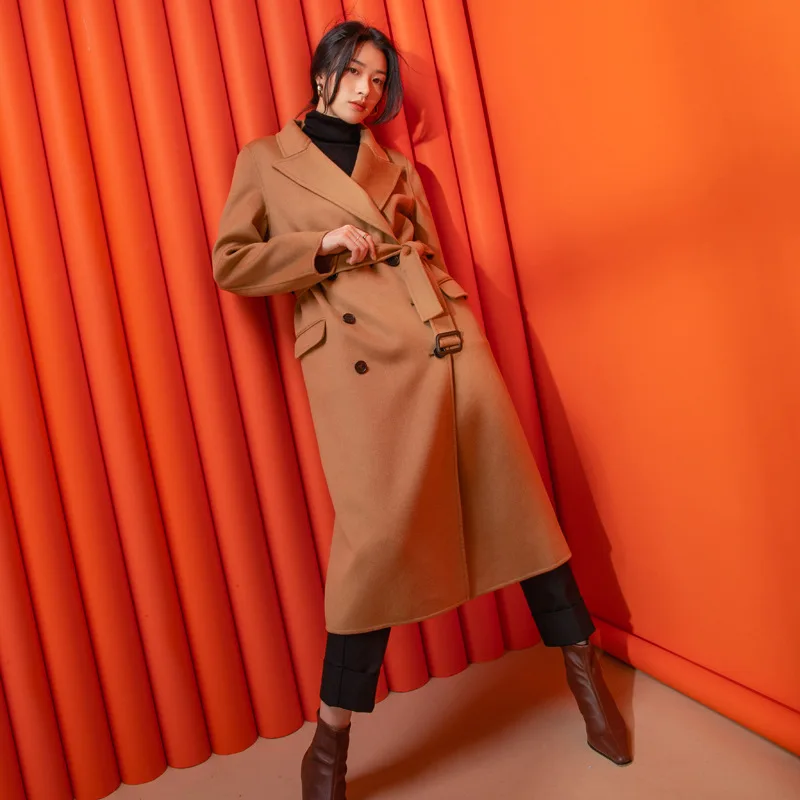

Shuchan 50% Cashmere+50% Wool Designer Women Coat 2019 Winter High Quality Long Coat Women Double Breasted Adjustable Waist