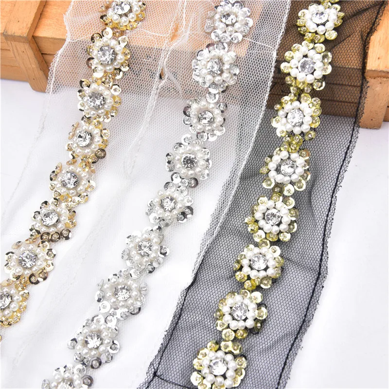 2 Yards Flowers Lace pearl Beading decoration Sewing clothing accesories 