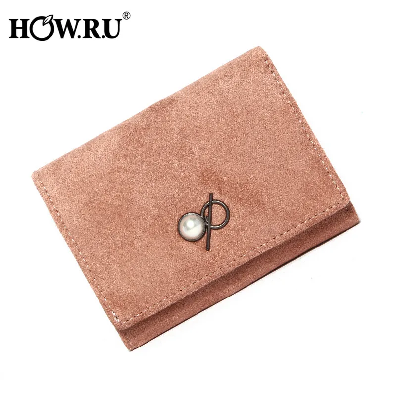

HOWRU Short Brown Suede Wallet for Women Cute Pearl Small Two-fold Woman Purses Cartera Mujer Girls/ladies Thin Money Wallet