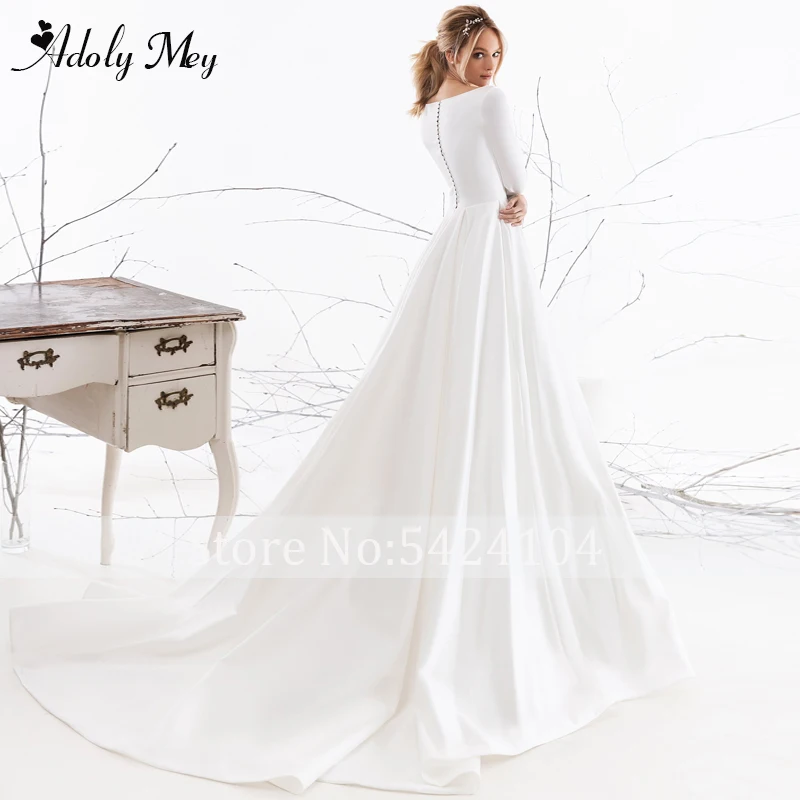Adoly Mey Luxury Scoop Neck Pearls Beading Bride A-Line Wedding Dress Elegant Long Sleeve Court Train Satin Vintage Bridal Gown affordable wedding dresses