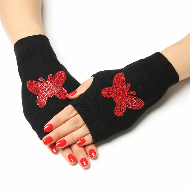Sailor dance gloves Rivet wool gloves spring and autumn black half-finger gloves show gloves Red butterfly