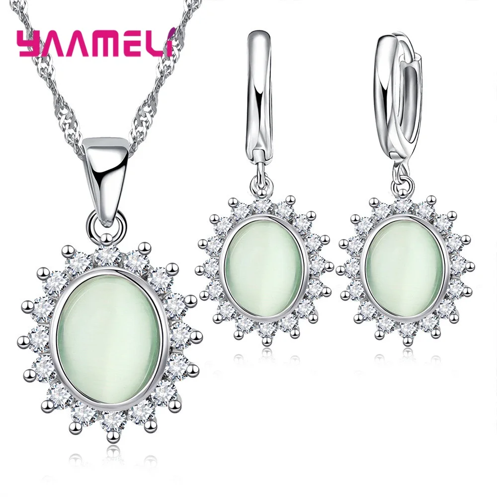 Summer Sale 925 Sterling Silver Oval Cat's Eye Opal Gemtone Necklace Earrings Jewelry Sets Brilliant Cubic Zircon Flower Pendant 