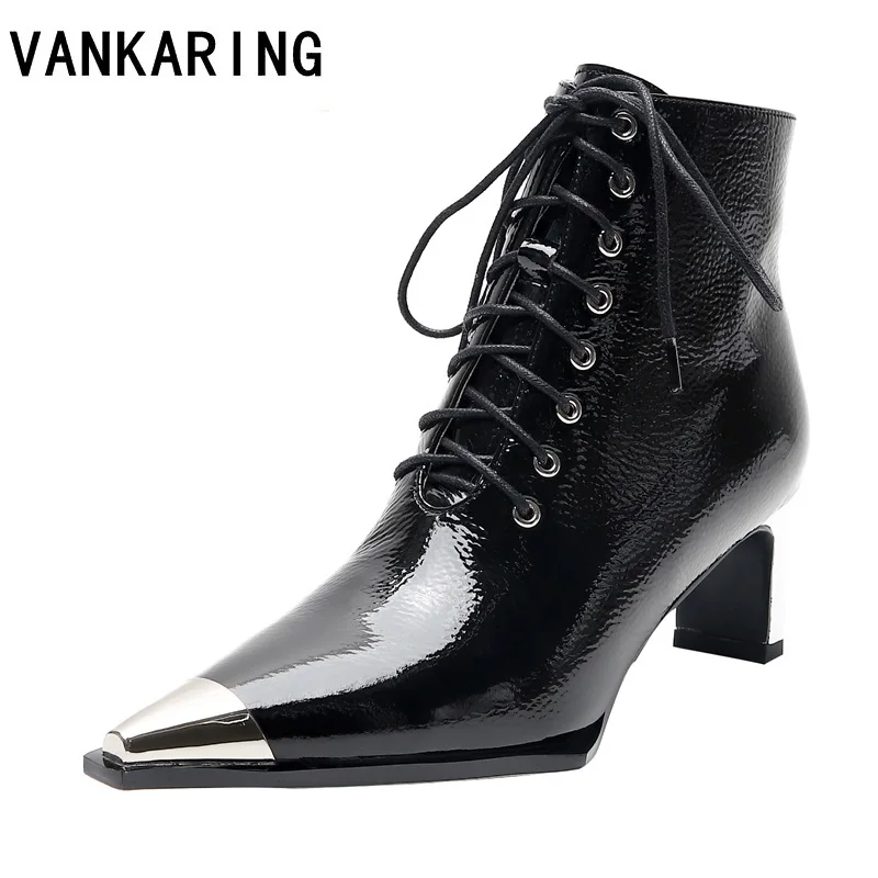 

women ankle boots high heels botas zapatos mujer retro patent leather autumn winter metal pointed toe booties cowboy boots woman