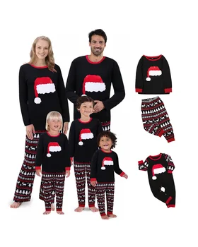 

2020 European and American Hot Style Christmas Hat Printing Suit Pyjama Noel Family Christmas Homewear Pajamas Parent-child Wear