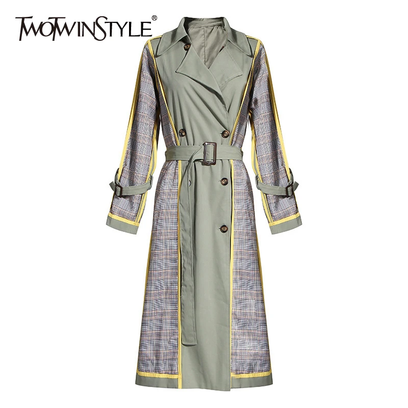 TWOTWINSTYLE хит цвет лоскутное плед ветровки для женщин воротник с лацканами длинный