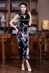 Винтажное Чонсам в ретростиле Классическая атласная Qipao платье для женщин воротник стойка элегантное Vestidos Длинные Сексуальные