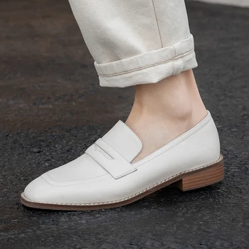 

May Niamh Woman's Flats Square Toe Slip On Black White Genuine Leather Elegant Casual Handmade Low Heels Shoes For Lady A247