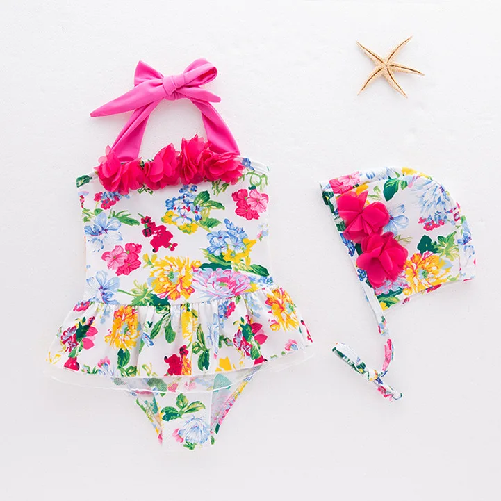 

CHILDREN'S Swimwear Korean-style Girls One-piece Floral Swimsuit with Swim Cap