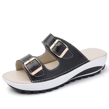 

women slippers buckle real leather slides shoes solid thick sole heels beach sandals women outside flip flops summer 2020 ert5