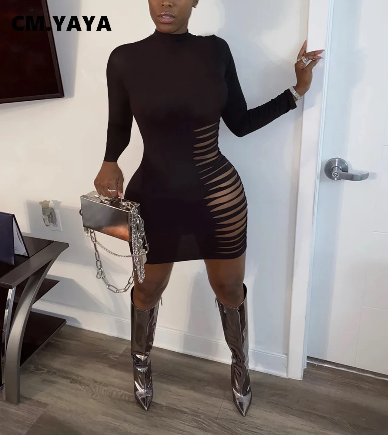 CM.YAYA Autumn Winter Women Long Sleeve O-neck Mini Dress Sexy Boycon Midi Club Party Night Hole Hollow Out Pencil Dresses | Женская