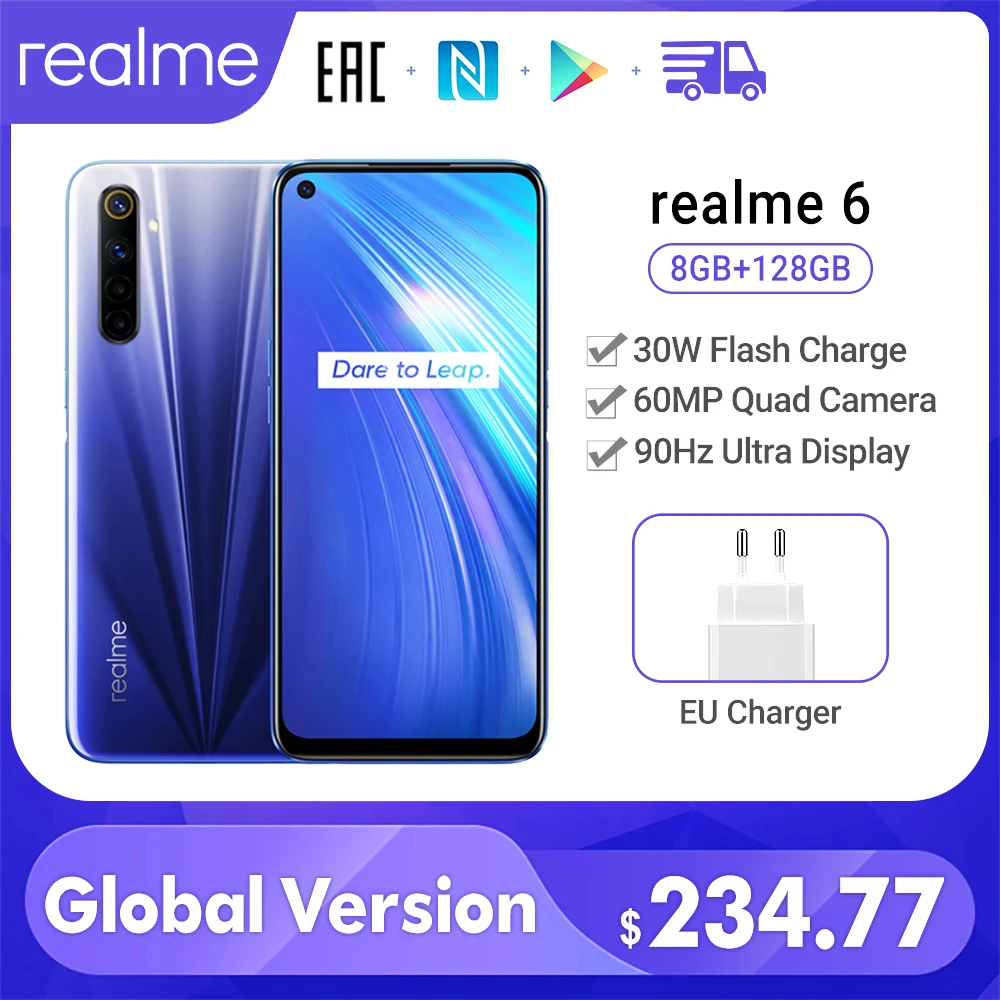 

Global Version realme 6 8GB 128GB Mobile Phone Helio G90T 30W Flash Charging 4300mAh 64MP Quad Camera EU Plug Play Store NFC