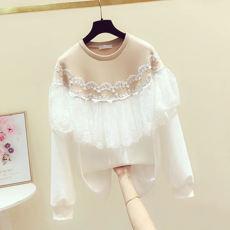 

Stereo Flower Lace Hoodie Women's 2020 Spring Clothing New Style Sweet Crew Neck Tops Fashion Sweatshirt Girls Ladies Hoodies