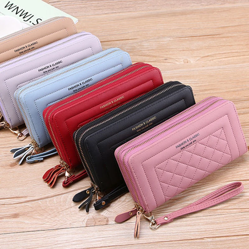 Fashion Long Double Zipper Ladies Wallets Big Capacity PU Leather Card Holder Phone Money Bag Female